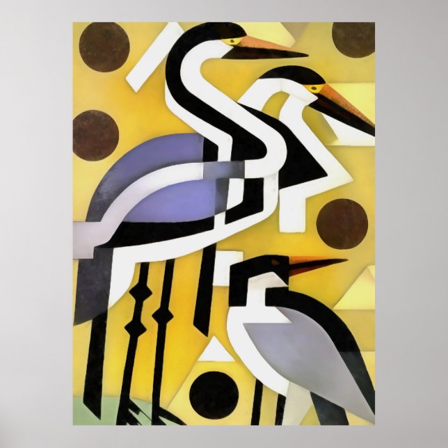 Cranes In Geometric Abstract Art Style On Yellow Poster (Front)
