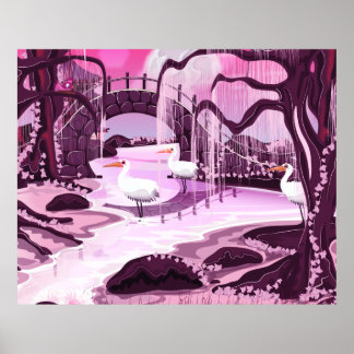 Cranes in the Korean Garden Poster