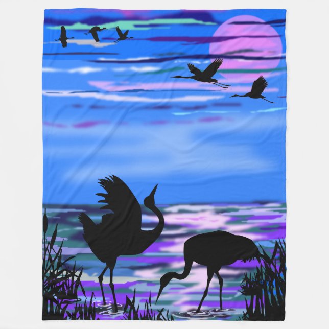 Cranes Love Dance - Romantic - Lake Sunset Fleece Blanket (Front)