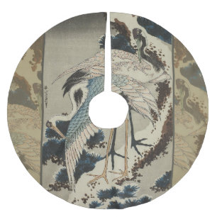 Cranes on a Snow Covered Pine Hokusai Brushed Polyester Tree Skirt