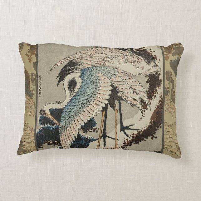 Cranes on a Snow Covered Pine Hokusai Decorative Cushion (Back)