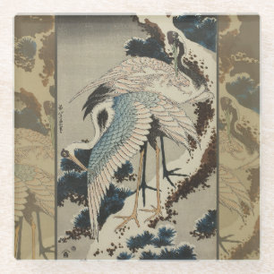 Cranes on a Snow Covered Pine Hokusai Glass Coaster