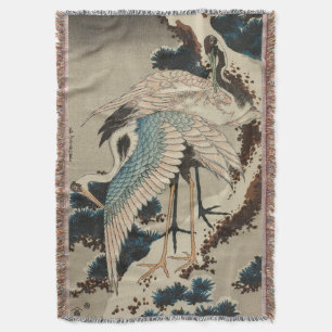 Cranes on a Snow Covered Pine Hokusai Throw Blanket