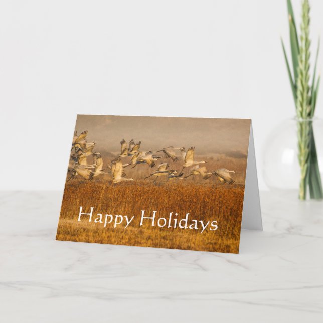 Cranes over golden field, Happy Holidays Holiday Card (Front)