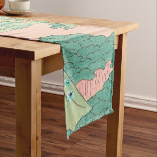 Cranes over Mountains Vintage Japanese Pattern Short Table Runner