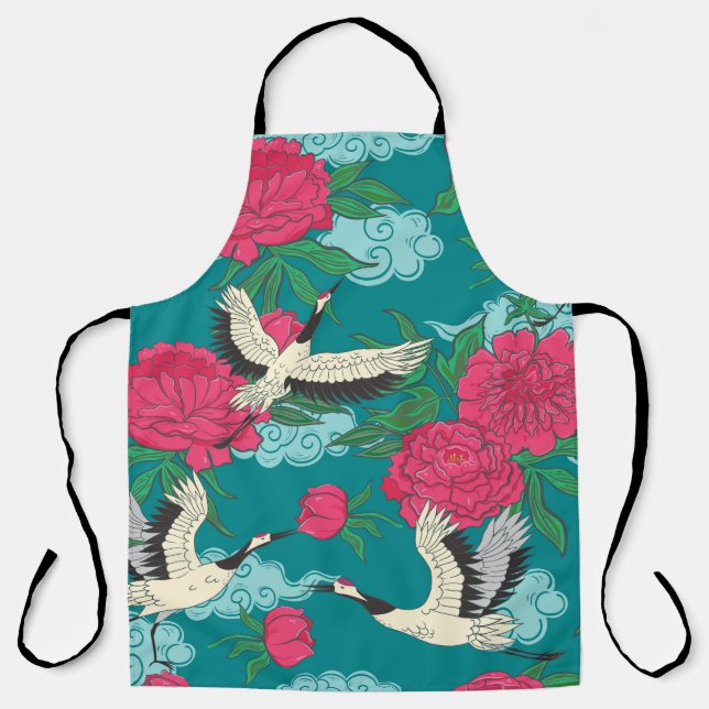 Cranes Peonies: Vintage Floral Graphics Apron (Front)