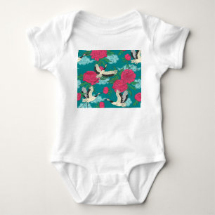 Cranes Peonies: Vintage Floral Graphics Baby Bodysuit
