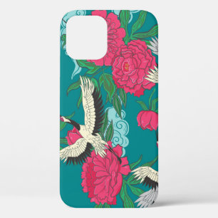 Cranes Peonies: Vintage Floral Graphics iPhone 12 Case