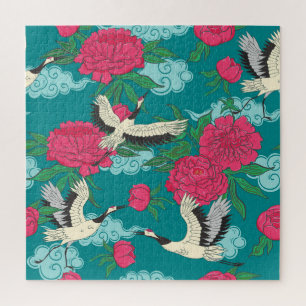 Cranes Peonies: Vintage Floral Graphics Jigsaw Puzzle