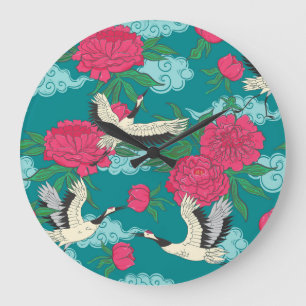 Cranes Peonies: Vintage Floral Graphics Large Clock