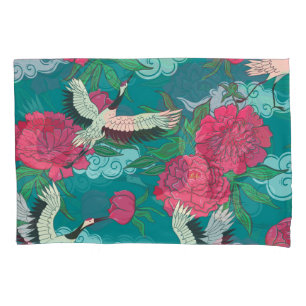 Cranes Peonies: Vintage Floral Graphics Pillowcase