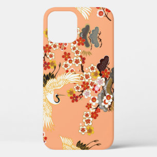 Cranes, sakura, colourful, floral, cantaloupe. iPhone 12 case
