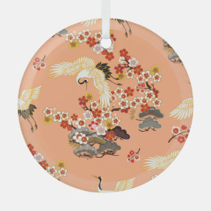 Cranes, sakura, colourful, floral, cantaloupe. glass tree decoration