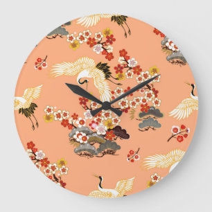 Cranes, sakura, colourful, floral, cantaloupe. large clock