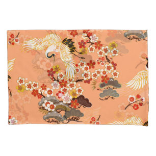 Cranes, sakura, colourful, floral, cantaloupe. pillowcase