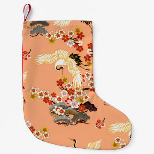 Cranes, sakura, colourful, floral, cantaloupe. small christmas stocking