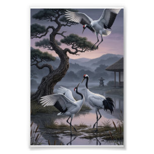 Cranes Under Pine Trees Oriental Aesthetic Fleece Photo Print