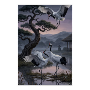 Cranes Under Pine Trees Oriental Aesthetic Fleece Poster