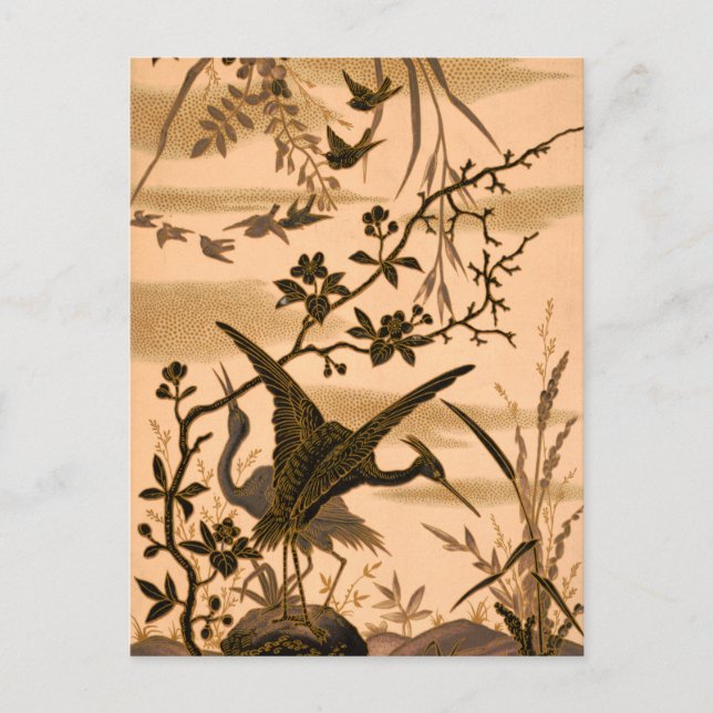 Cranes, Vintage Bird Art, Copper Gold Silhouette, Postcard (Front)