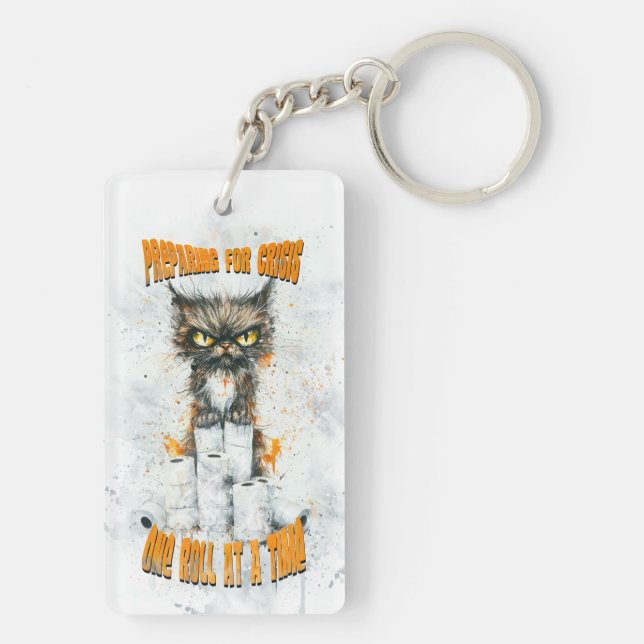 Cranky Cat Hoarding For A Crisis Key Ring (Back)