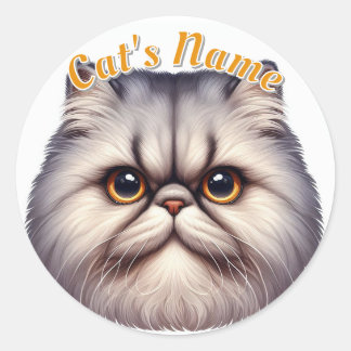 Cranky Grey Longhaired Persian Cat • Personalised Classic Round Sticker
