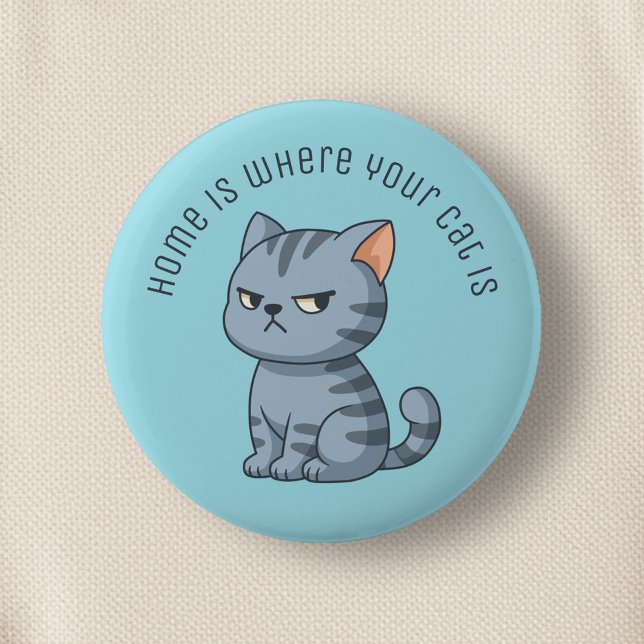 Cranky Grey Tabby Cat Custom Text Blue 6 Cm Round Badge (Creator Uploaded)