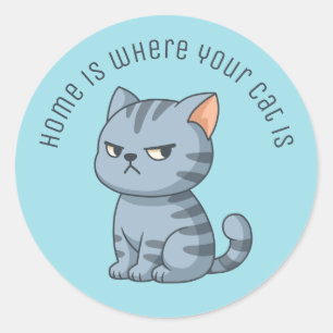 Cranky Grey Tabby Cat Custom Text Blue Classic Round Sticker