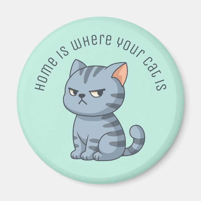 Cranky Grey Tabby Cat Custom Text Green Magnet (Front)