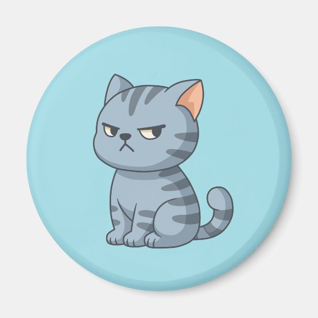 Cranky Grey Tabby Cat on Blue Magnet (Front)