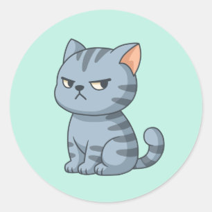Cranky Grey Tabby Cat on Green Classic Round Sticker