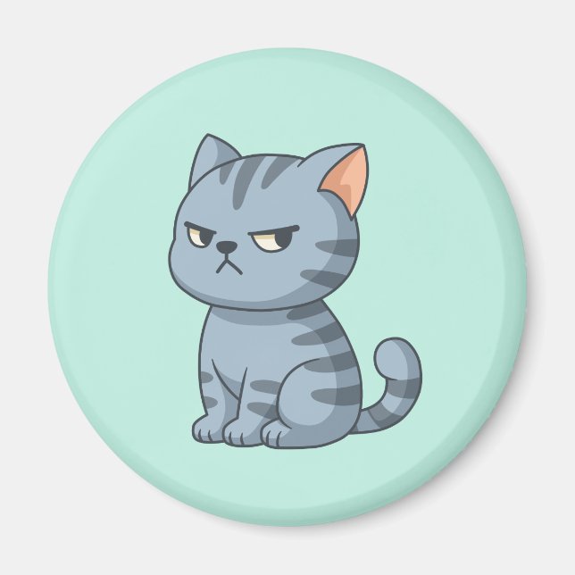 Cranky Grey Tabby Cat on Green Magnet (Front)