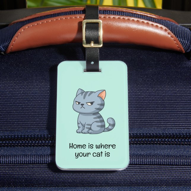 Cranky Grey Tabby Cat Quote Green Luggage Tag (Front Insitu 2)