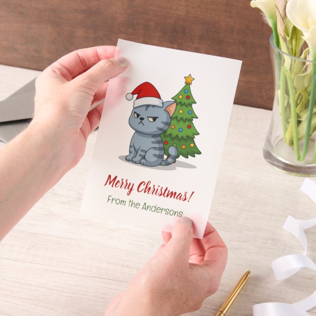 Cranky Grey Tabby Cat Red Hat Christmas Insert Vellum Invitations (Handheld)