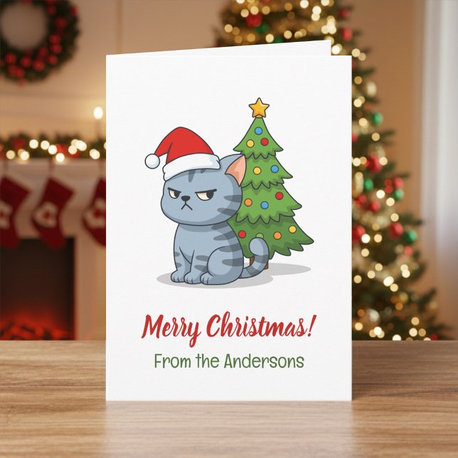 Cranky Grey Tabby Cat Red Hat Christmas Tree Card (Creator Uploaded)