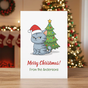 Cranky Grey Tabby Cat Red Hat Christmas Tree Holiday Card