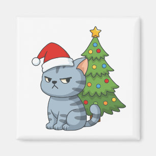 Cranky Grey Tabby Cat Red Hat Christmas Tree Magnet