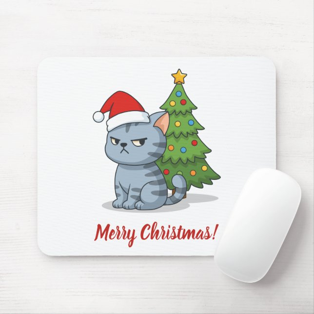 Cranky Grey Tabby Cat Red Hat Christmas Tree Mouse Mat (With Mouse)