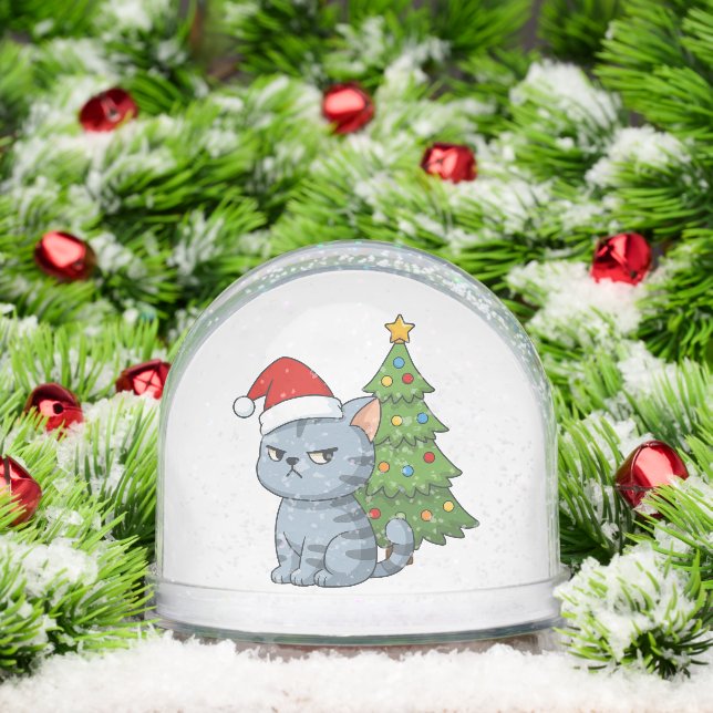 Cranky Grey Tabby Cat Red Hat Christmas Tree Snowglobe (Christmas)