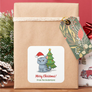 Cranky Grey Tabby Cat Red Hat Christmas Tree Square Sticker