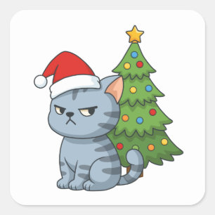 Cranky Grey Tabby Cat Red Hat Christmas Tree Square Sticker