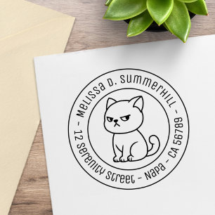 Cranky Moody Cat Round Address Rubber Stamp