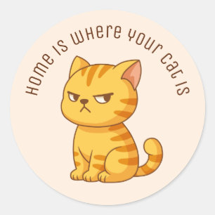 Cranky Orange Tabby Cat Custom Text Beige Classic Round Sticker