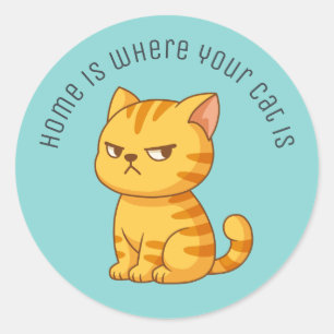 Cranky Orange Tabby Cat Custom Text Green Classic Round Sticker