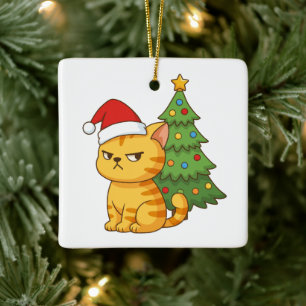 Cranky Orange Tabby Cat Red Hat Christmas Tree Ceramic Ornament