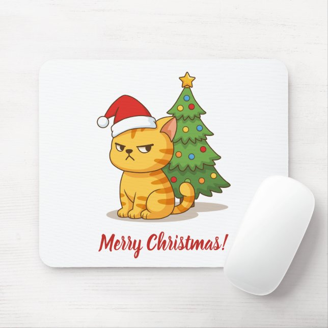 Cranky Orange Tabby Cat Red Hat Christmas Tree Mouse Mat (With Mouse)
