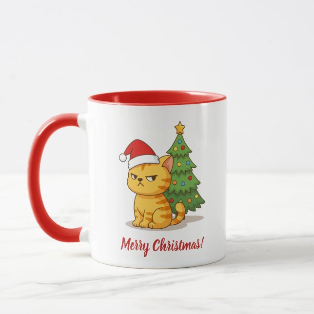 Cranky Orange Tabby Cat Red Hat Christmas Tree Mug (Left)