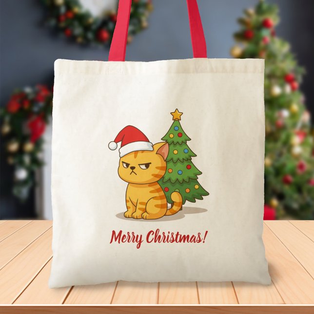 Cranky Orange Tabby Cat Red Hat Christmas Tree Tote Bag (Creator Uploaded)