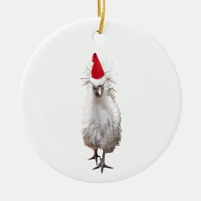 Cranky Silkie Bantam Chicken Santa Hat Christmas Ceramic Tree Decoration (Front)