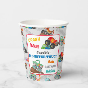 Crash Smash Monster Truck Birthday Bash Watercolor Paper Cups
