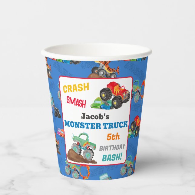 Crash Smash Monster Truck Birthday Bash Watercolor Paper Cups (Front)